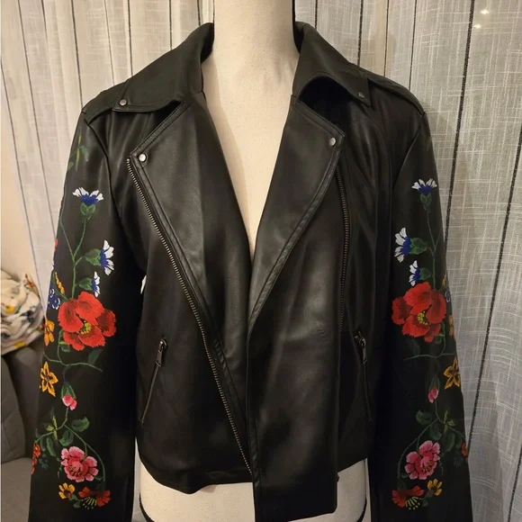 VENUS Black Leather Jacket with Vibrant Floral Design - Picture 1 of 5